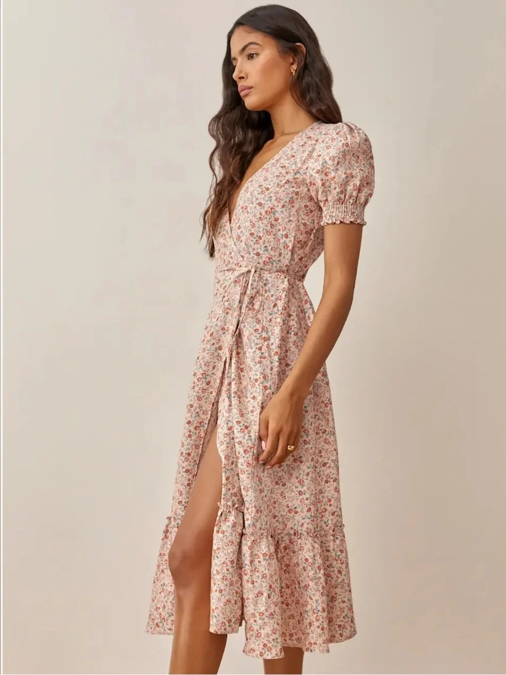 NEW Reformation Veronika Linen Floral Wrap Midi Dress, Size L
